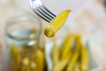 Traditional spanish cuisine, preserved okra on a plate, served in a cafe