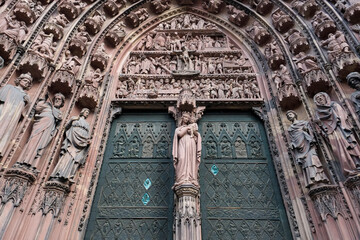 Strasbourg, France. Cathedral of Notre Dame, first version of the church was built in 1015 with little of the original Romanesque architecture remaining after a fire.