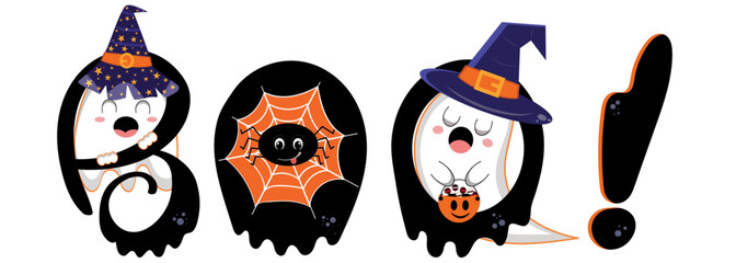 BOO! calligraphy text design with bat, spider web, ghost  with Boo vector sign. Halloween message silhouette isolated on white background. Cartoon Halloween greeting card. Illustration BOO