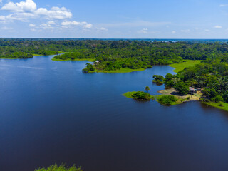 Aerial view of Igapó, the Amazon rainforest in Brazil, an incredible green landscape with lots of water and untouched nature