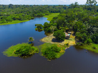 Aerial view of Igapó, the Amazon rainforest in Brazil, an incredible green landscape with lots of water and untouched nature