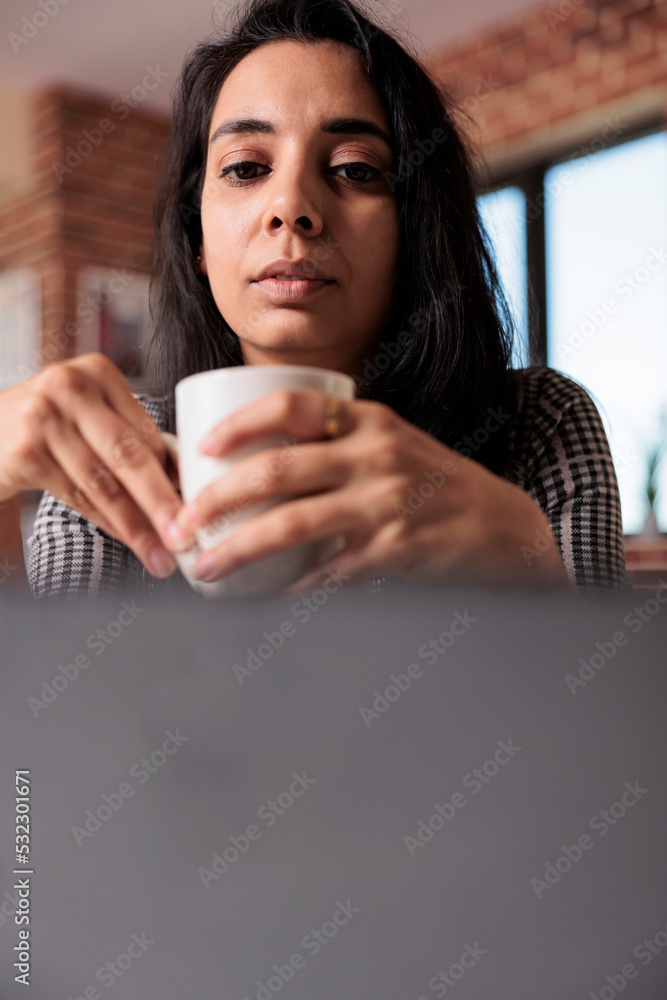 Poster female freelancer doing remote work on laptop, doing business report with network app at home on com