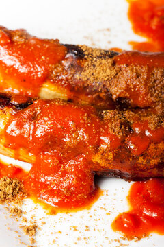 closeup of a german curry wurst