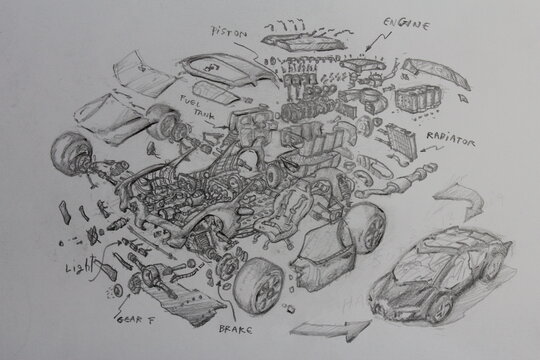 Cutaway Supercar V8 Piston Engine Turbocharger Freehand Sketching.