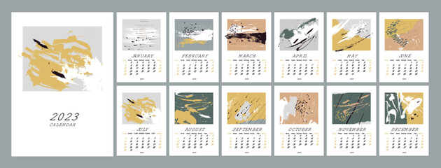 2023 calendar design. Week starts on Sunday. Calendar design 2023. Set of 12 months. Editable calender page template.  Abstract artistic vector illustrations. Pastel backgrounds. 