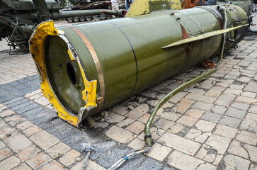 Damaged missile OTR-21 Tochka at exhibition of destroyed russian military vehicles and equipment...