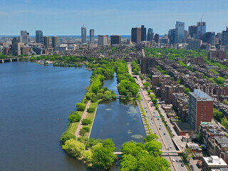 Boston financial district modern city skyline aerial view with Charles River, Beacon Hill historic district and Charles River Esplanade in Boston, Massachusetts MA, USA.  - obrazy, fototapety, plakaty
