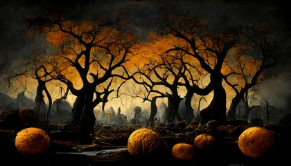 Poster Im Rahmen spooky halloween forest with scary black trees and pumpkins on the ground, neural network generated art © lucky pics