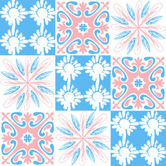 Spanish ceramic tiles azulejo talavera, pastel pattern pink blue cute delicate decor for walls and floors, vector illustration