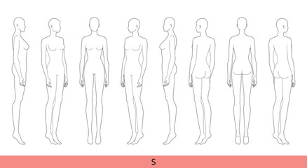 Set of S Size Women Fashion template 9 head Croquis Lady model skinny body figure front, side, 3-4, back view. Vector isolated sketch outline girl for Fashion Design, Illustration, technical drawing