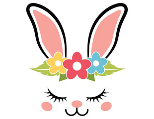 cute face of easter bunny with flowers wreath