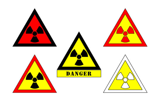 radiation symbol used for material or areas with nuclear material. Radioactivity hazard symbol in circle with high visibility colors and wording "danger".