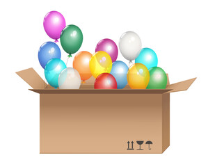 Gruppe mit fliegende, durchsichtige bunte Helium Luftballons aus dem Karton,
Vektor Illustration isoliert auf weißem Hintergrund
