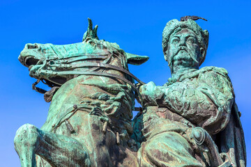 Bohdan Khmelnytsky equestrian statue, Sofiyskaya Square, Kiev, Ukraine. Founder of Ukraine Cossack State in 1654. Statue created 1881 by Sculptor Mikhail Mykeshin