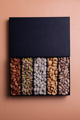 Almonds, pistachios, peanuts, cashews in a black box.