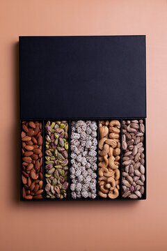 Almonds, Pistachios, Peanuts, Cashews In A Black Box.