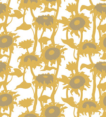 Sunflower flower silhouettes with stem and leaves isolated on a white background. Vector seamless pattern. - 532314022
