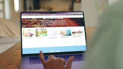 Woman use laptop for research on climate change, find information and education online to stop danger. Person at table with computer, on website learning to help environment and end global warming