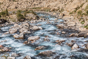 Haft Kul, Sughd Province, Tajikistan. Mountain stream in the Haft Kul, Seven Lakes, region.