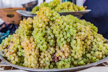 Panjakent, Sughd Province, Tajikistan. Green grapes for sale at the market in Panjakent.