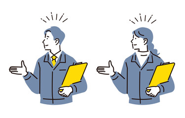 案内をする作業着を着た男女セット