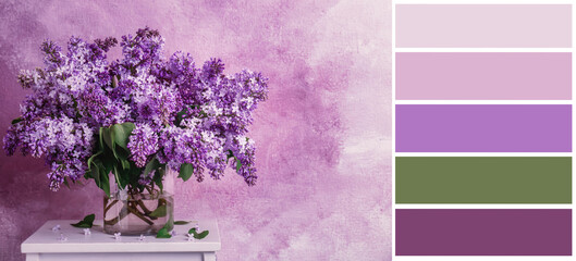 Color palette appropriate to photo of vase with blossoming lilac flowers on table