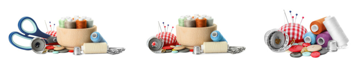 Set with different sewing tools on white background. Banner design