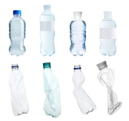 Set with different bottles on white background