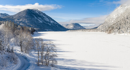 Frozen Sylvenstein Reservoir near Bad Tolz in the Isar Valley of Karwendel mountain range during...