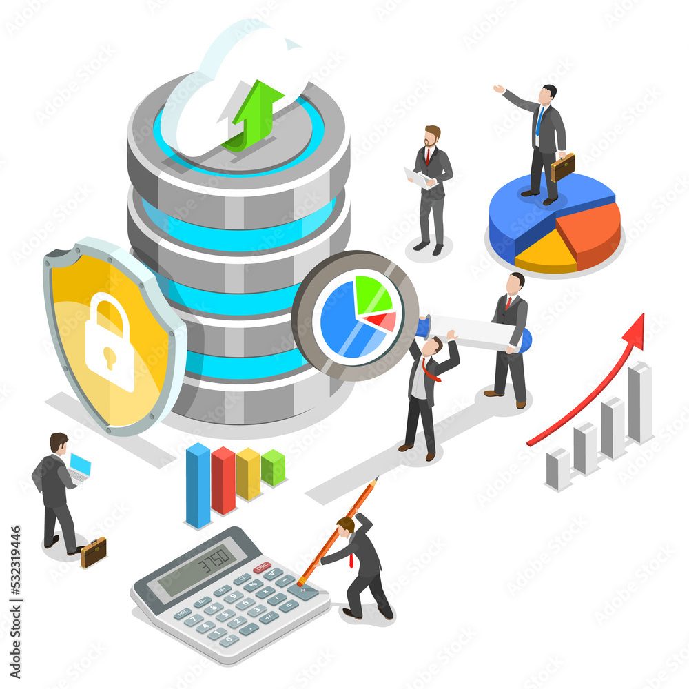 Sticker big data analysis flat isometric concept.