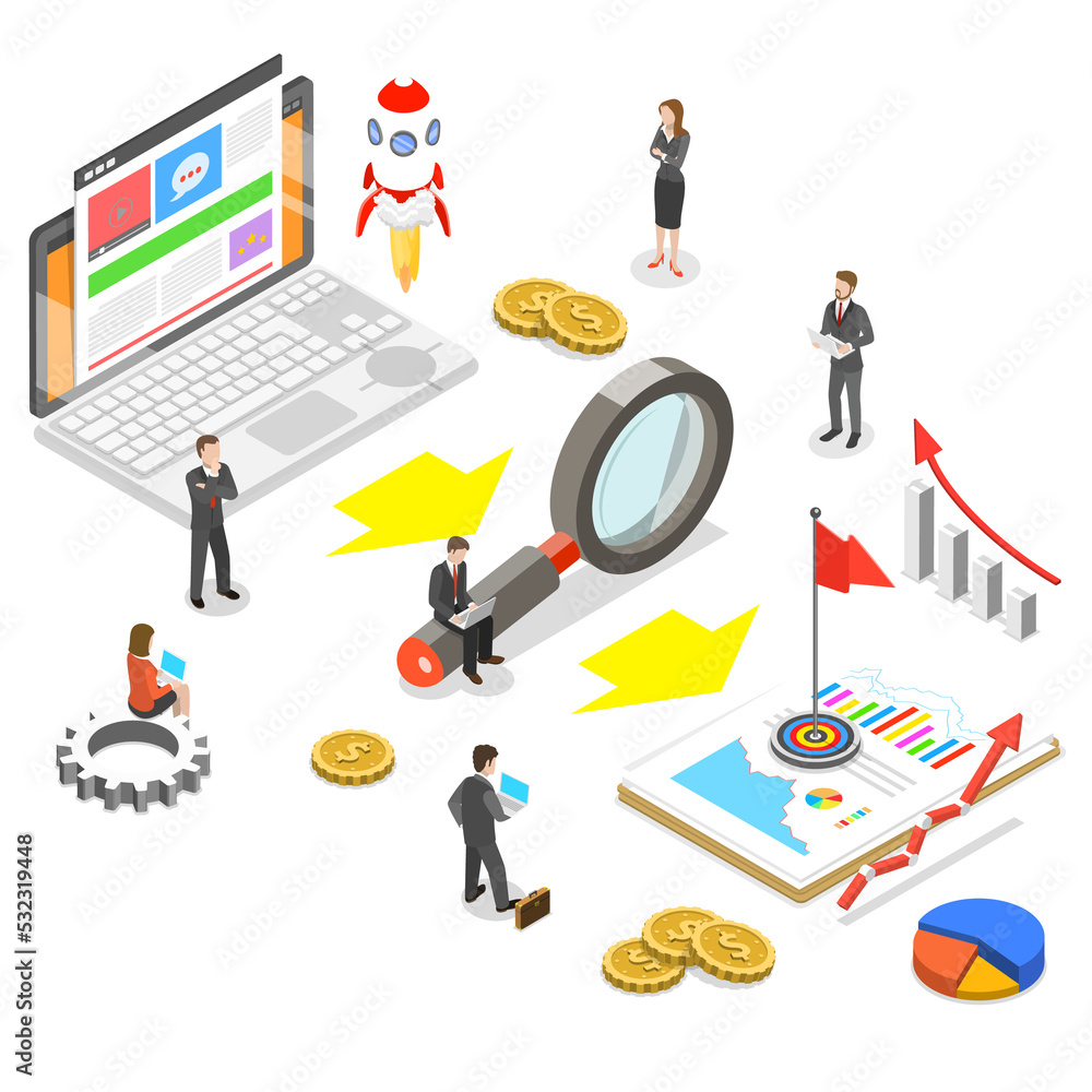 Poster web analytics flat isometric concept.