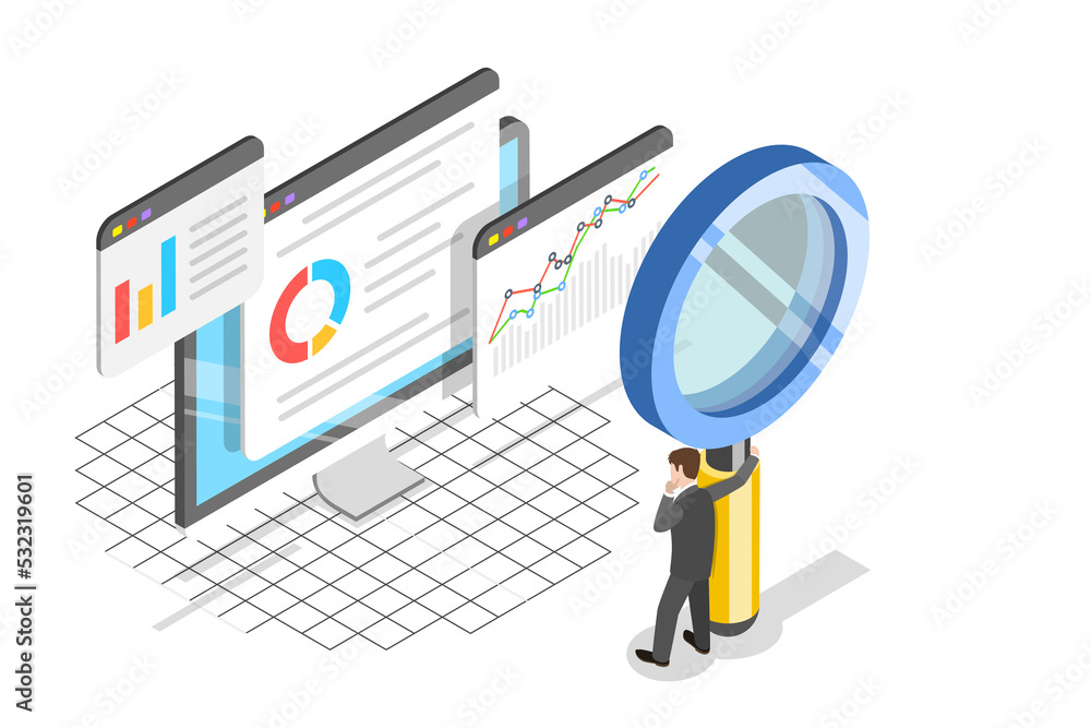 Poster website data analysis flat isometric .