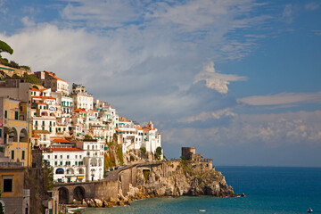 Italy, Amalfi. The beautiful view of the coastal town of Amalfi on the Gulf of Salerno.