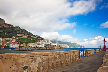 Italy, Amalfi. The coastal town of Amalfi as seen from the portside dock.