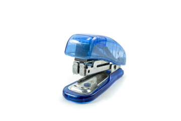 small blue stapler isolated on a white background.
