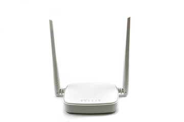 White wireless internet router with two antennas isolated on white