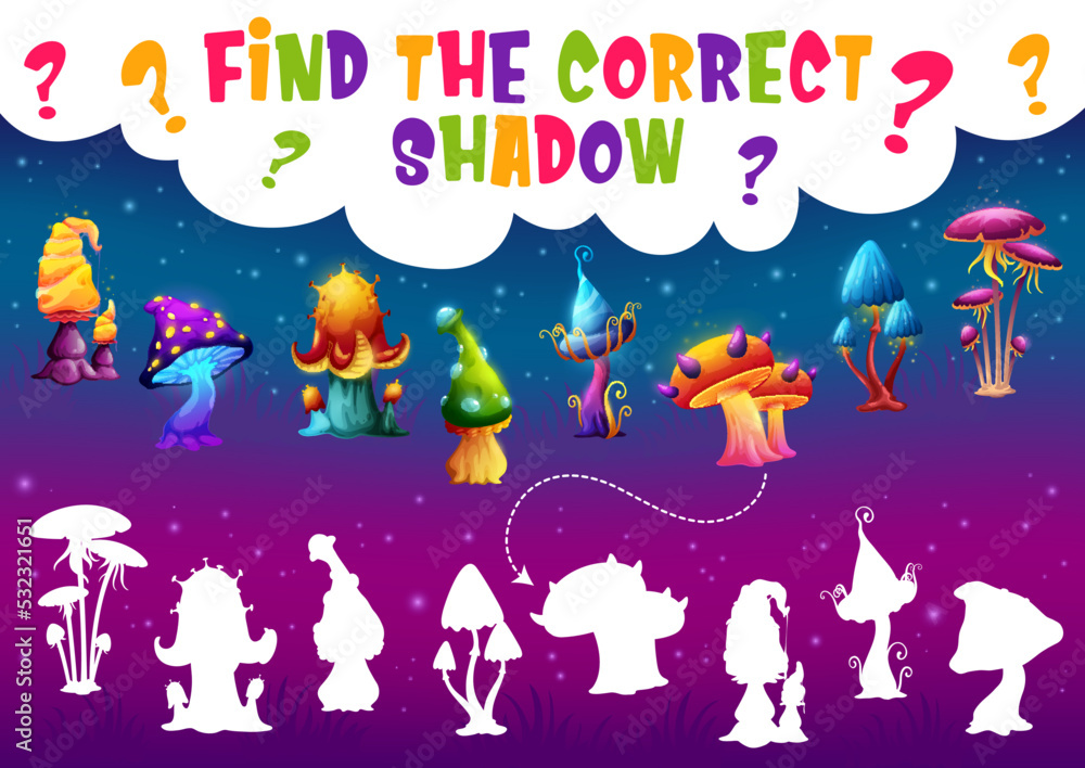 Poster find the correct shadow of magic mushroom. kids game vector worksheet, educational quiz or preschool