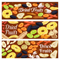 Dried fruits and berries. Background with papaya, kiwi and dogwood, apricot, prune and pear, mango, banana and raisin, persimmon, apple and melon, fig. Sweet dried fruit snack horizontal vector banner