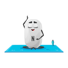 Cartoon Nitrogen vitamin character, N personage meditate on yoga sitting in relaxed pose on mat. Isolated vector azote capsule sitting in asana posture, yogi class, natural healthy food element relax