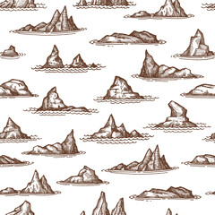 Rocks outliers, reefs and shallows seamless pattern, vector background. Sea reefs or ocean island stones and beach rocks with coast shore cliffs and mountains in water waves, sketch monochrome pattern