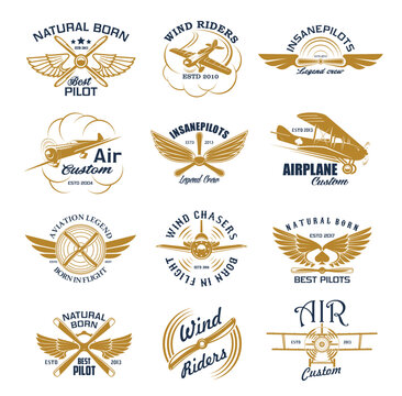 Retro Airplane And Aircraft Icons, Custom Plane Wind Riders And Legend Pilots, Vector Symbols. Aviation Vintage Icons Of Pilots Or Aviator Academy And Airplane Crew Team Badge With Propeller Airplane