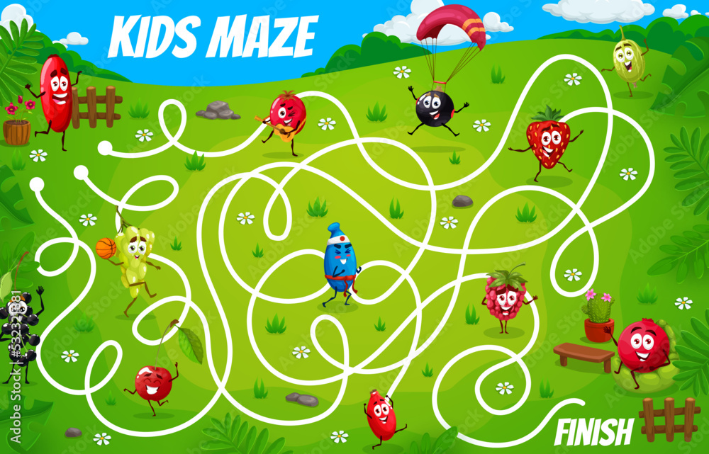 Aufkleber labyrinth maze game. cartoon berry characters on summer party. child labyrinth riddle vector workshe
