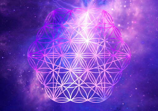 Sacred geometry Flower of Life with purple fractal space background. Background image also available separately - search for 530564884 in Images.