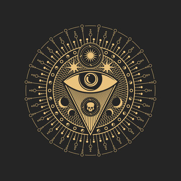 Esoteric occult symbol vector Eye of Providence inside of circle with sun, moon and human skull with dotted pattern around. Spiritual mason or tarot cards symbolic, isolated amulet, alchemy sign