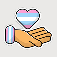 Palm hand with transgender heart. Isolated vector icon. LGBT sticker for gay pride, safe space. Pink blue white trans flag symbol. Simple flat illustration. Cute line art