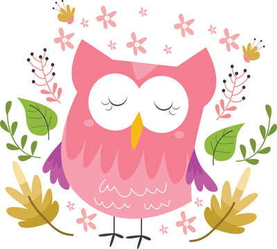 cute pink owl with ornamental leaves illustration vector graphic