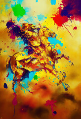 A colorful knight on horseback in the painting. Abstract colorful painting with stylized knight. Abstract colorful knight on a horse. Digital illustration.