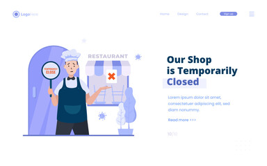 Flat design restaurant business activities temporarily closed illustration on landing page