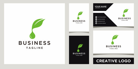 leaf with water drop logo design template with business card design