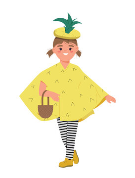 Halloween Kid Pineapple. Girl In Hat And Fruit Costume. Unusual Outfit. Poster Or Banner For Website. Holiday, Event And Entertainment. Social Media Sticker. Cartoon Flat Vector Illustration